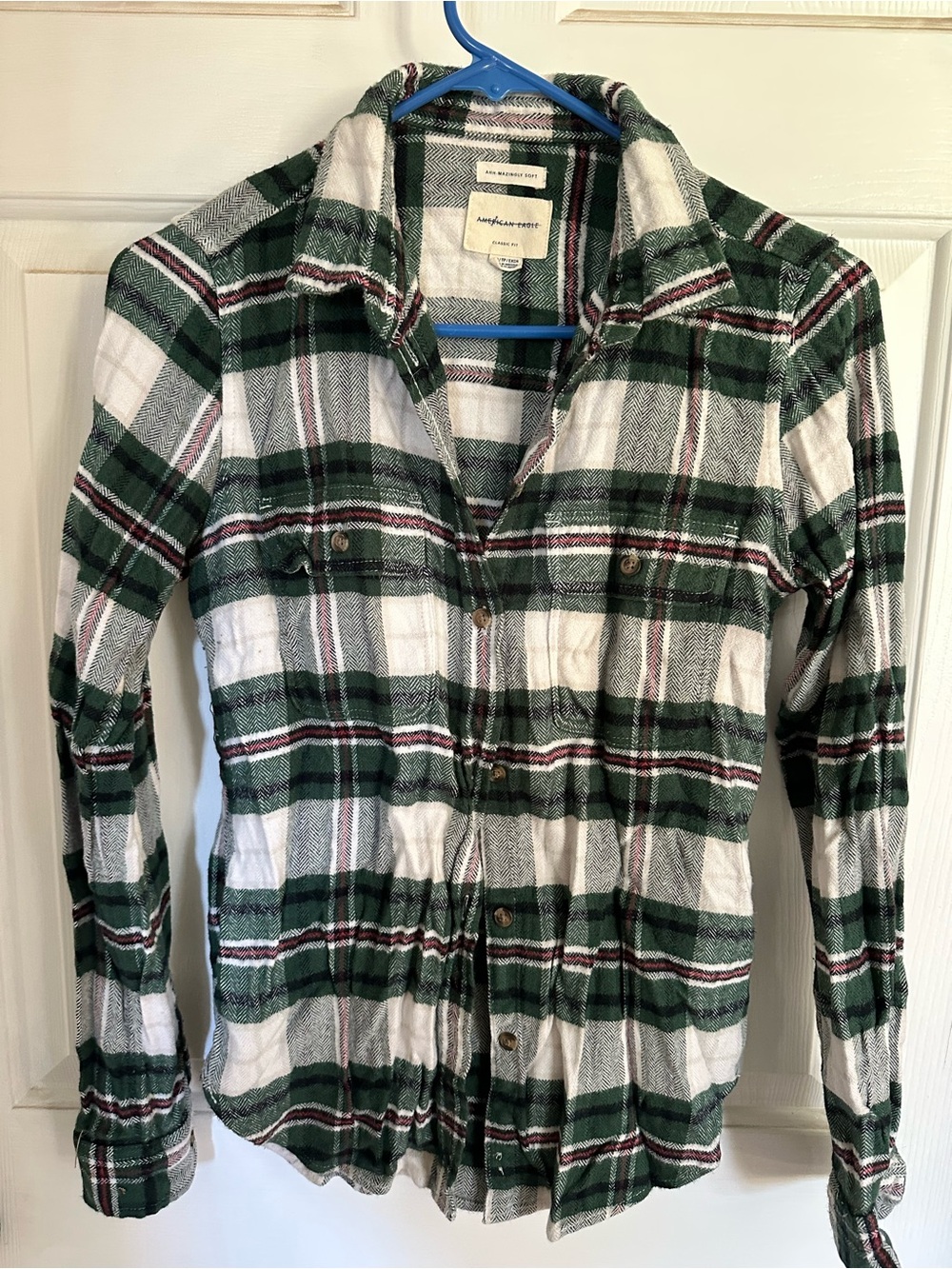 American Eagle Outfitters Green and White Plaid Button-Down Shirt